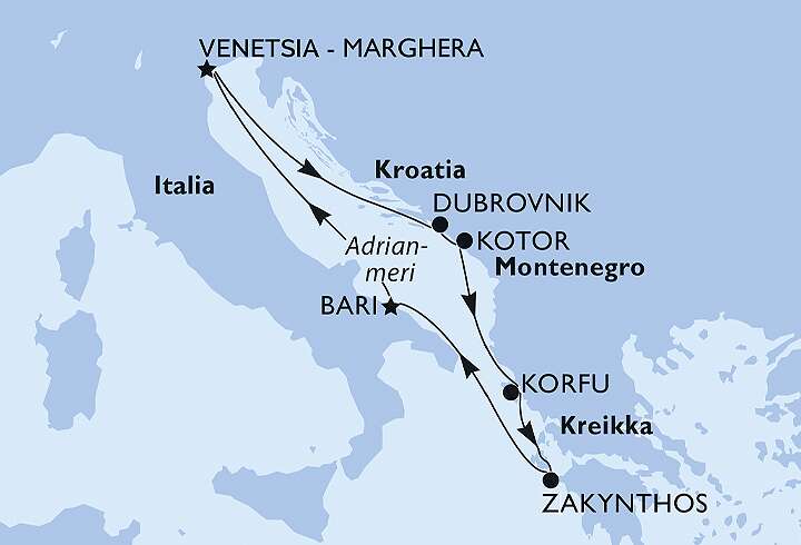 Itäisen Välimeren risteilyn reittikartta. 