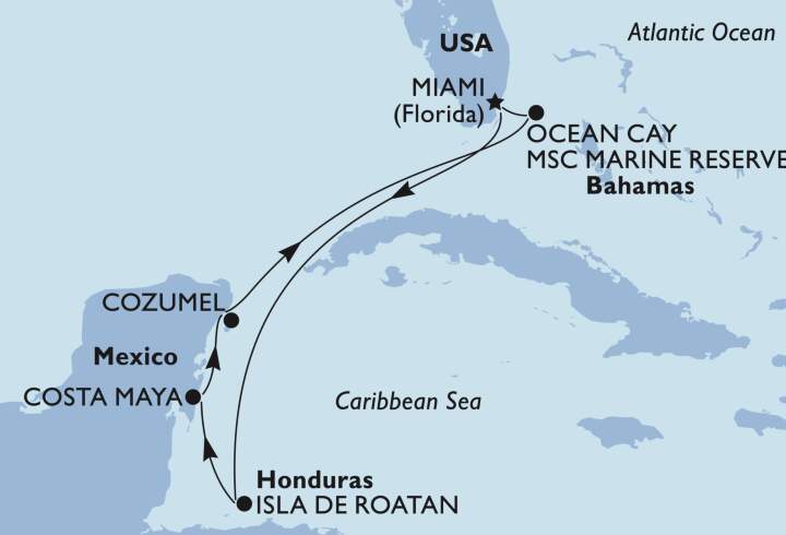 MSC Cruisesin Karibian risteilyn reittikartta. 