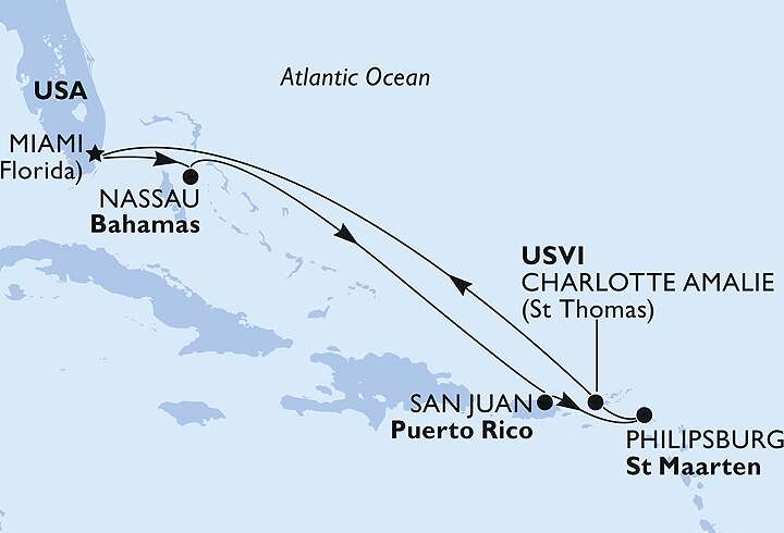 MSC Cruisesin Karibian risteilyn reittikartta. 