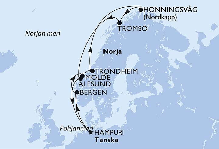 Risteilyreitti Nordkappiin MSC Cruisesilla. 
