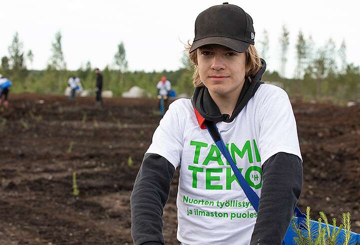 Taimiteon työllistämä nuori kuvattuna taimi-istutuksilla Taimiteon T-paita päällään.