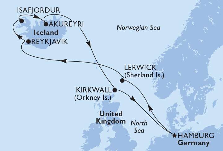Islannin risteilyn reittikartta MSC Cruisesilla. 