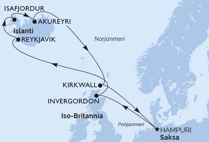 Islannin risteilyn reittikartta MSC Cruisesilla. 