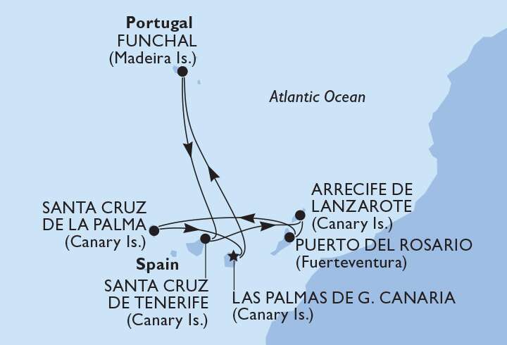 Kanarian saarten ja Madeiran risteilyreitti MSC Cruisesilla. 