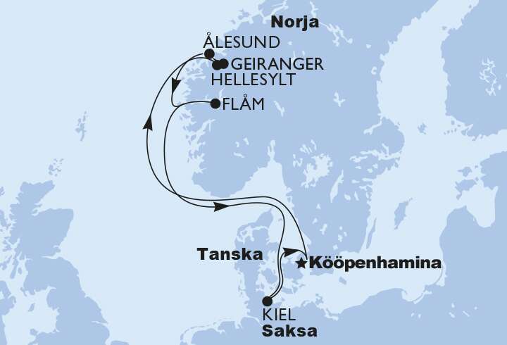 MSC Cruisesin reitti Kööpenhaminasta Norjan rannikolle. 