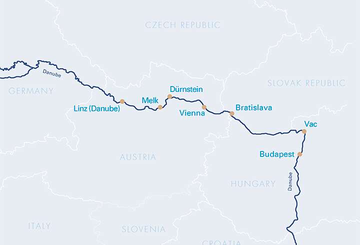 Tonavan pääkaupungit jokiristeilyn reittikartta.