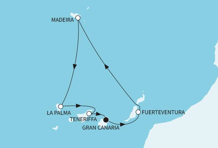 TUI Cruisesin reittikartta Kanarian saarilla. 